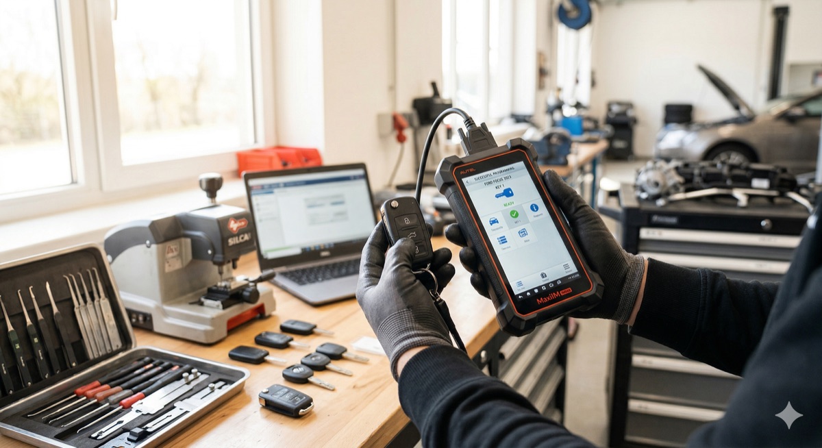 Technicien serrurier automobile avec valise de diagnostic pour programmation de cl&eacute; de voiture