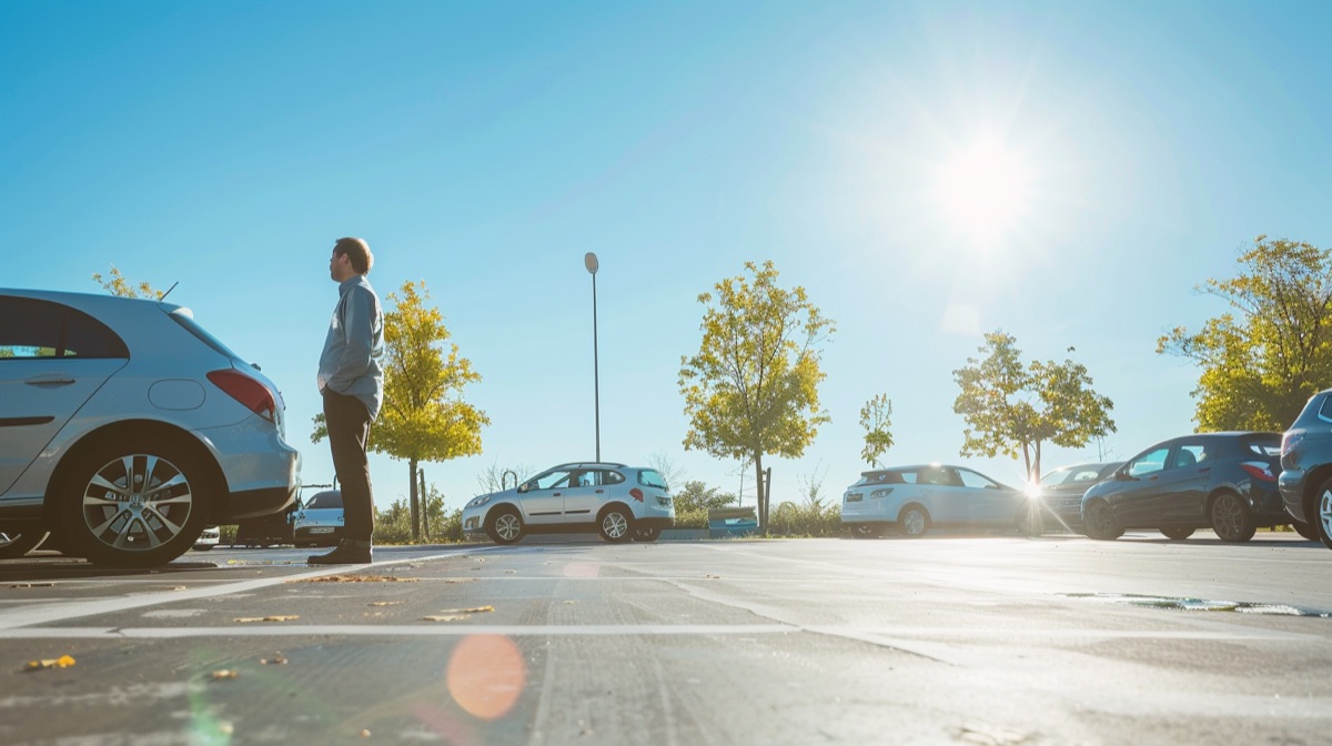 Automobiliste bloqu&eacute; devant sa voiture sur un parking, intervention serrurier automobile